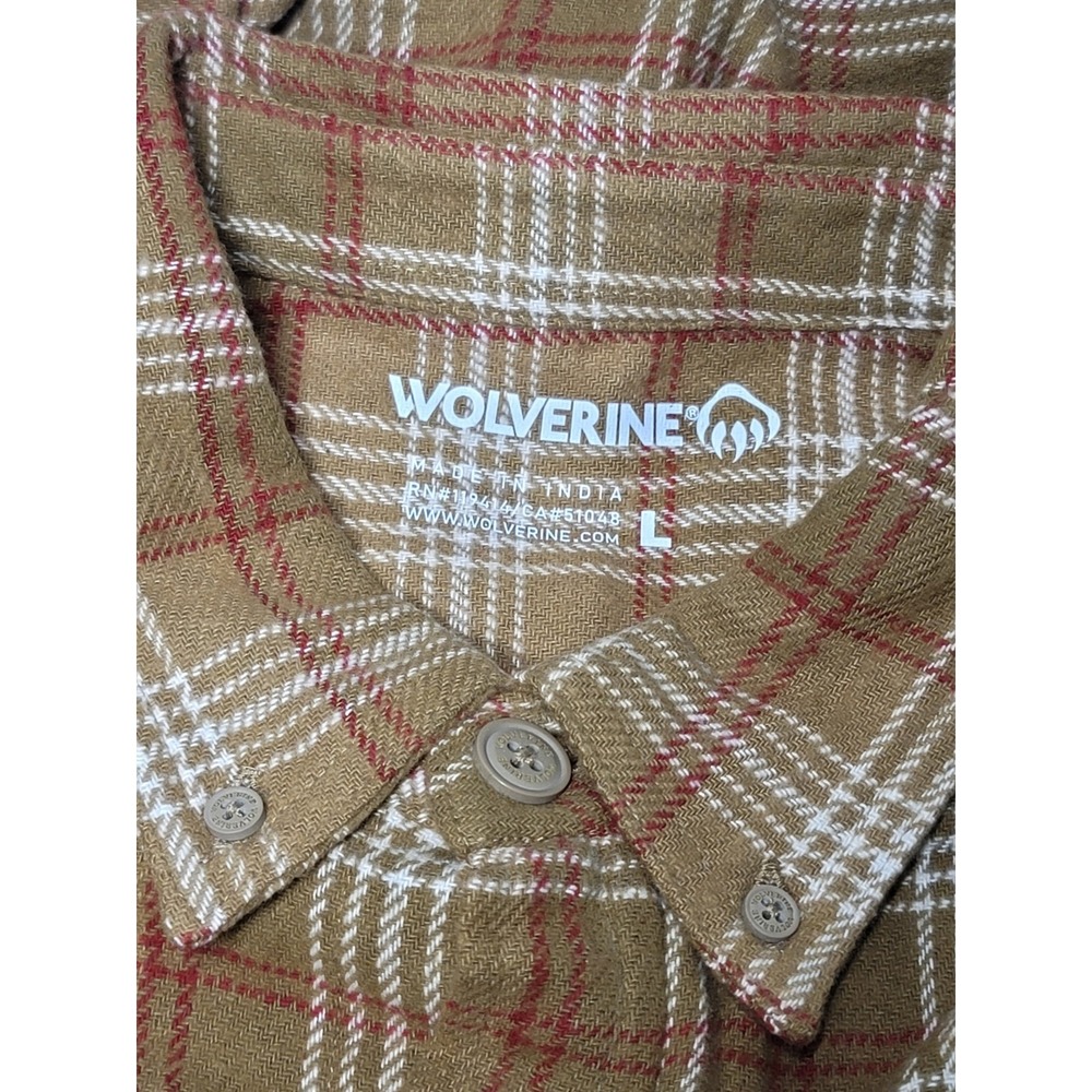 Wolverine Mens Large Button Down Shirt  Brown Plaid Long Sleeve Cotton‎ Flannel